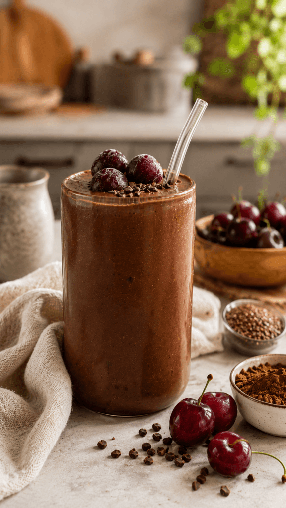 Double Chocolate Cherry Smoothie: Creamy, indulgent, and refreshing with rich cacao nibs—great for a healthy treat. Save this idea so you can come back to it later.