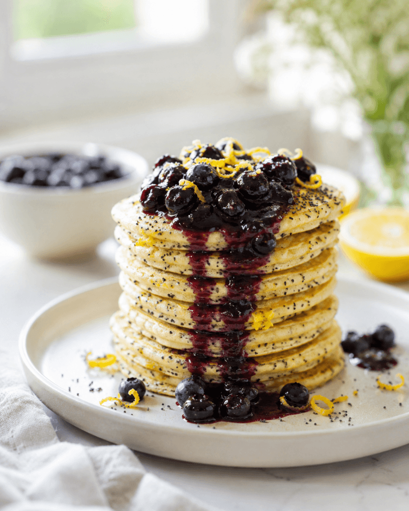 Lemon poppyseed fluff pancakes topped with warm blueberry compote and a sprinkle of lemon zest