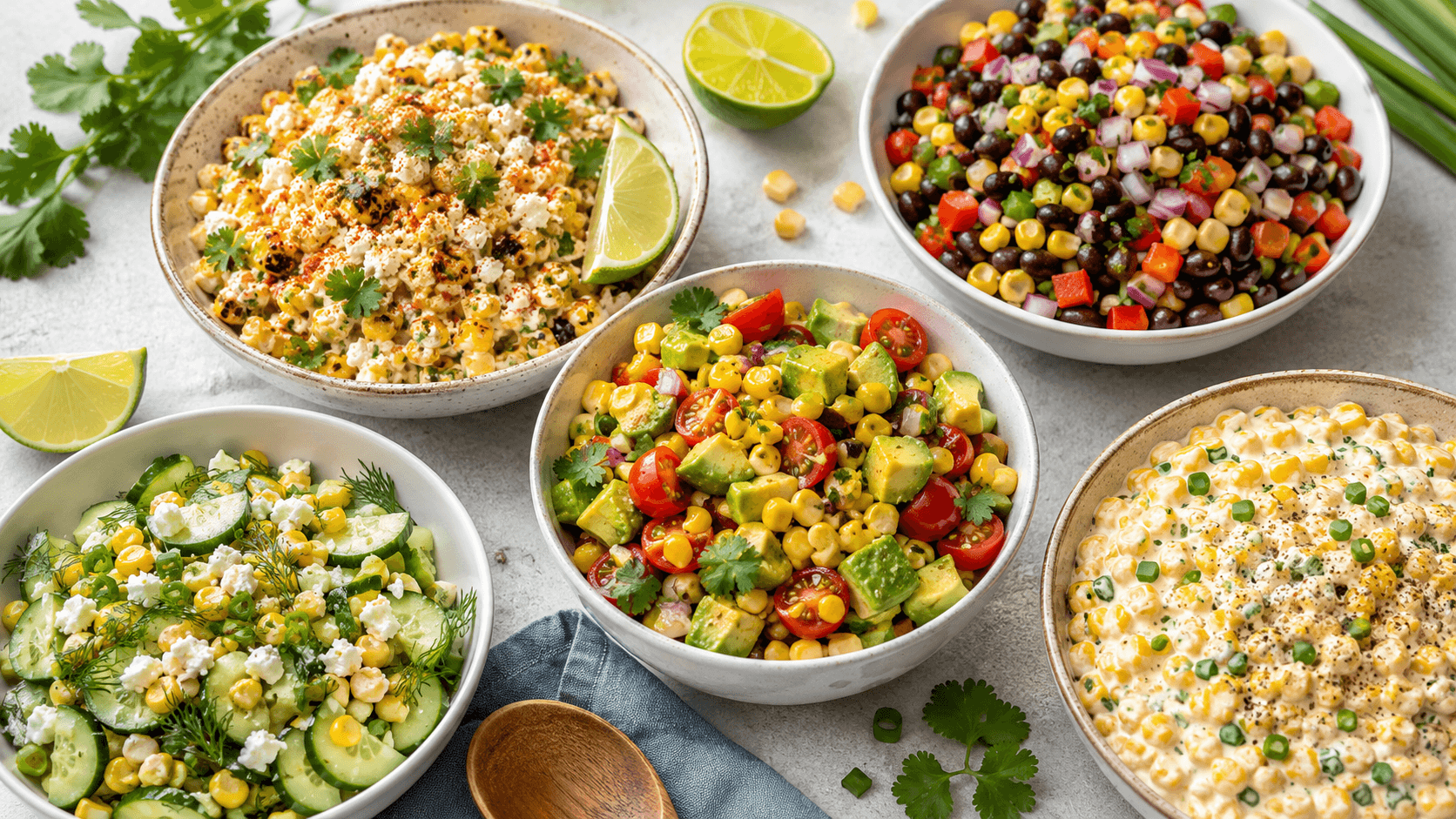 Overhead tabletop scene showing 4 to 5 different corn salads in beautiful ceramic bowls, each clearly different: Mexican street corn salad with charred corn, cilantro, lime wedges and tajin; cowboy caviar corn salad with black beans, bell peppers and tomatoes; avocado corn salad with cherry tomatoes and lime; cucumber dill corn salad with fresh dill; creamy corn salad with chives.