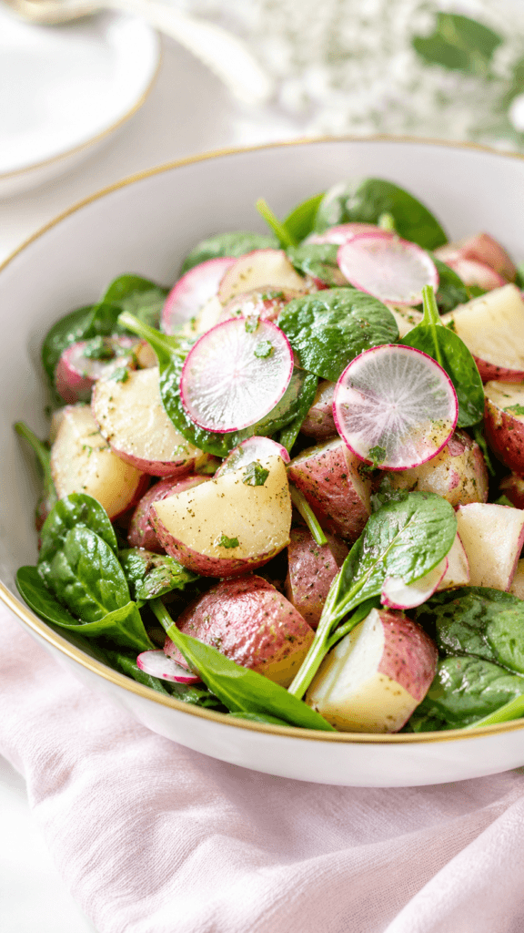 A bright, fresh food photograph of Vibrant Red Potato Salad. Skin-on red potato chunks are mixed with extremely thin circular slices of pink radish and vibrant green baby spinach leaves. Light vinaigrette coating.