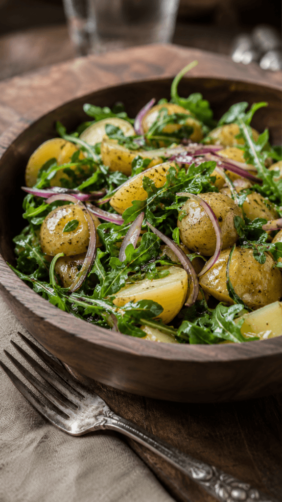 A cozy food photograph of Warm Potato Salad with Wilted Greens. Warm boiled new potatoes and thin red onion slices are layered over a bed of baby arugula that is gently wilting from the heat. Dressed in a warm vinaigrette reduction.