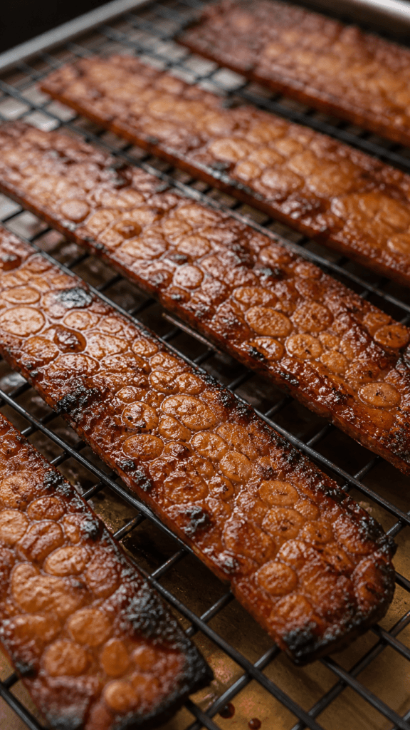 Tempting Tempeh Bacon Bites: Smoky, crispy vegan strips on a cooling rack—ideal for healthy plant-based lunches. Save this idea so you can come back to it later.