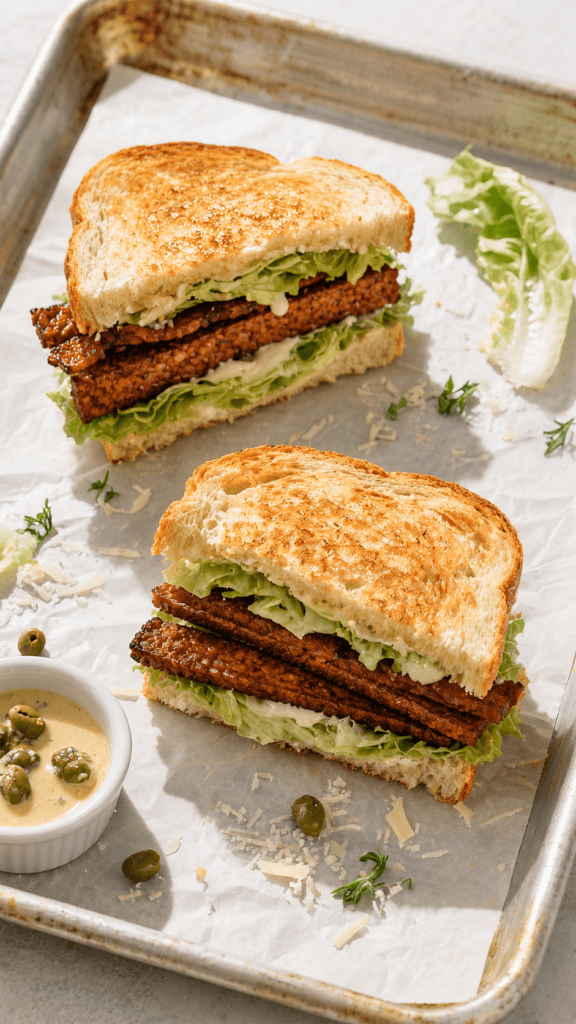 Tempeh Bacon Caesar Salad Sandwiches: Savory, crunchy vegan sandwiches with fresh lettuce, capers & herb garnish—great for healthy lunches. Save this idea so you can come back to it later.
