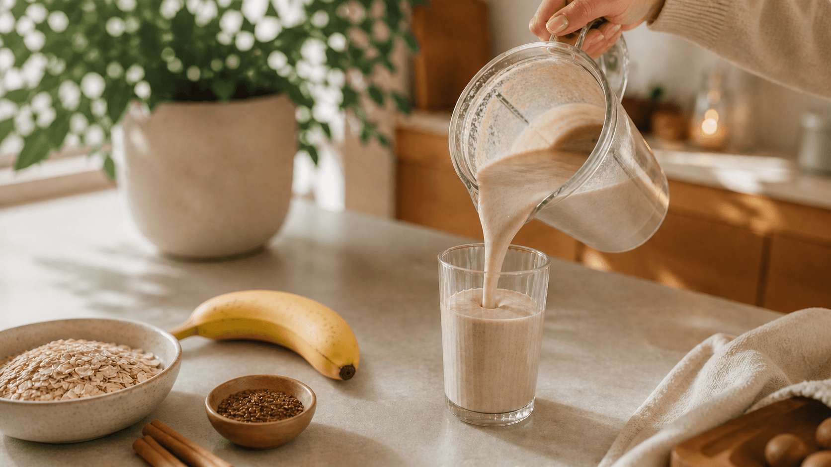 Cinnamon Oat Smoothie Bliss: Silky, energizing smoothie pours into glass, with banana and flax seeds. Ideal energizer. Save this idea so you can come back to it later.