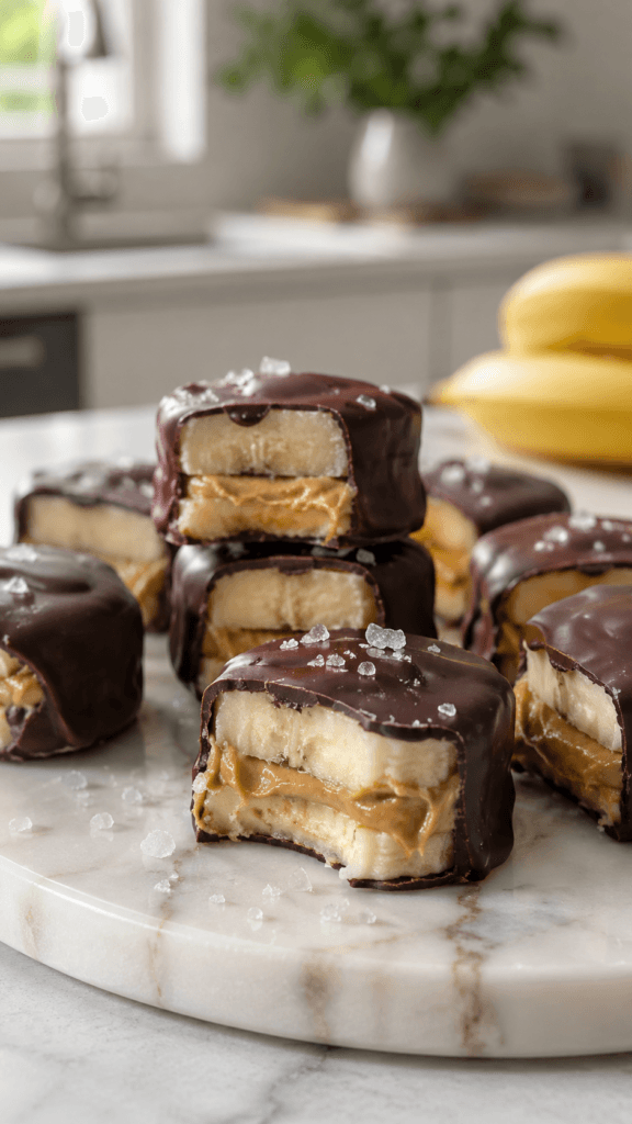 Frozen Chocolate Banana Bites: Glossy, salty-sweet snacks with banana, peanut butter layers—great for healthy cravings. Save this idea so you can come back to it later.