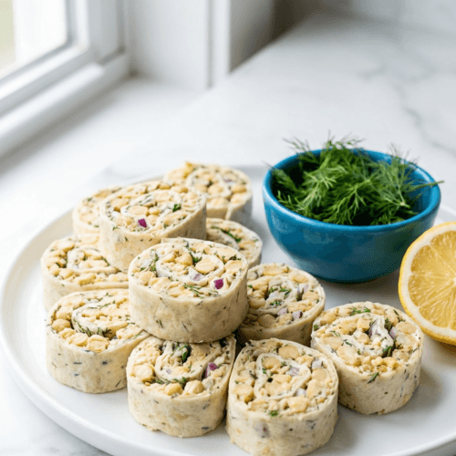 Chickpea Salad Pinwheels: Vibrant, creamy wraps with fresh dill and lemon—great for easy plant-based lunches. Save this idea so you can come back to it later.