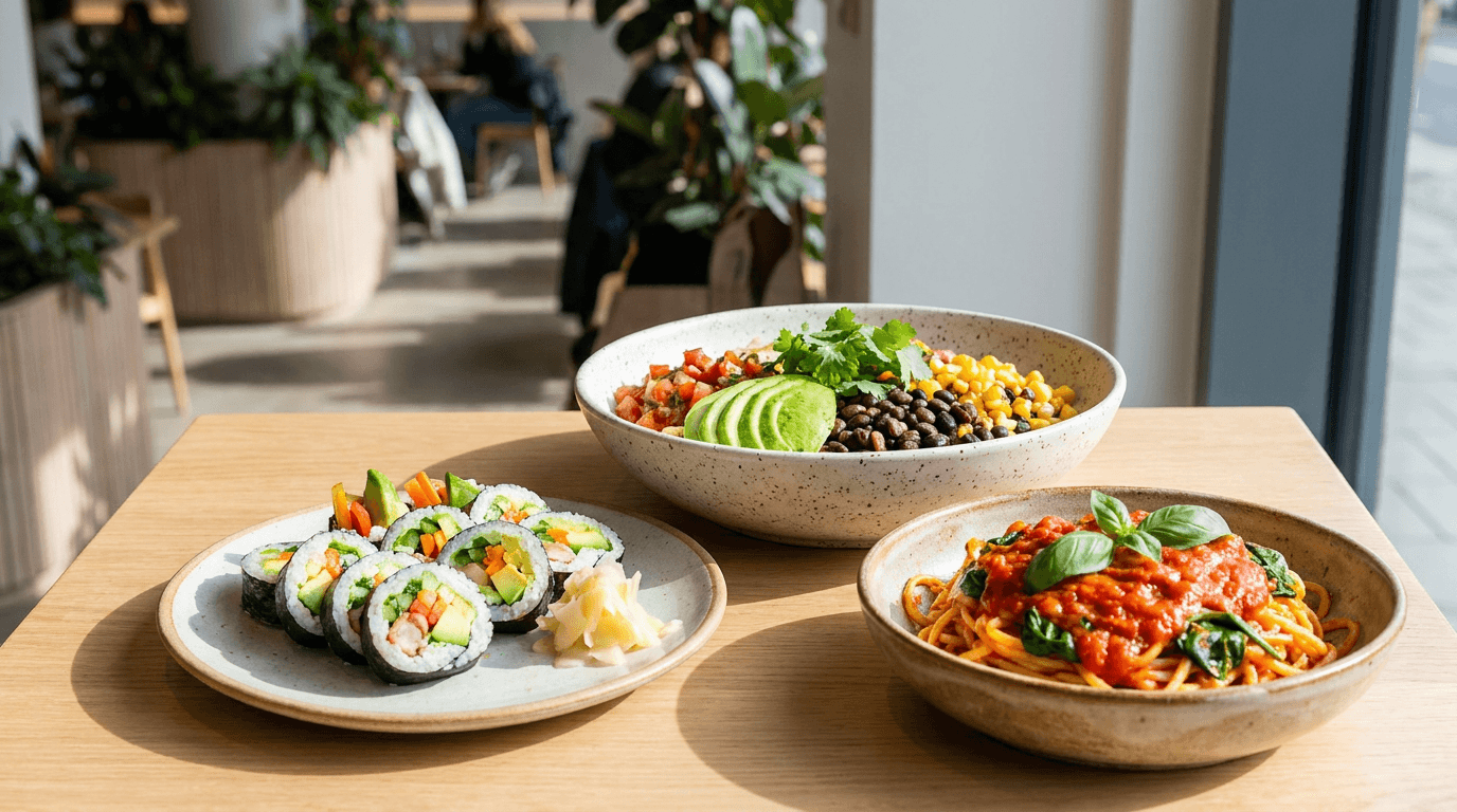 A vibrant spread of delicious flexi vegan meals ordered at a restaurant, including veggie sushi, a burrito bowl, and plant-based pasta.