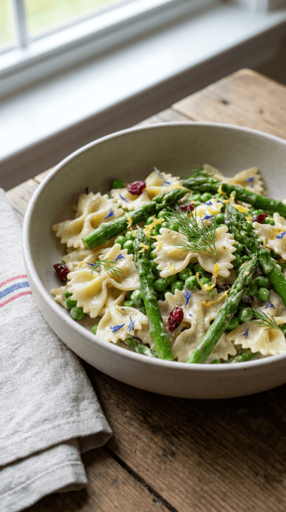 Spring Asparagus Pasta: Vibrant, zesty bow-tie pasta with cranberries and edible petals—perfect for fresh lunches. Save this idea so you can come back to it later.