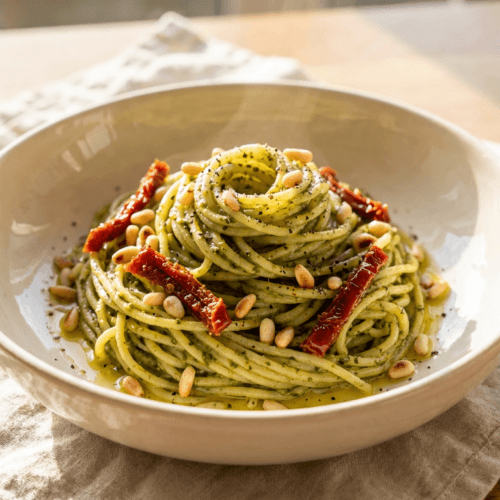 Creamy Vegan Basil Pesto Pasta with Toasted Pine Nuts & Sundried Tomatoes