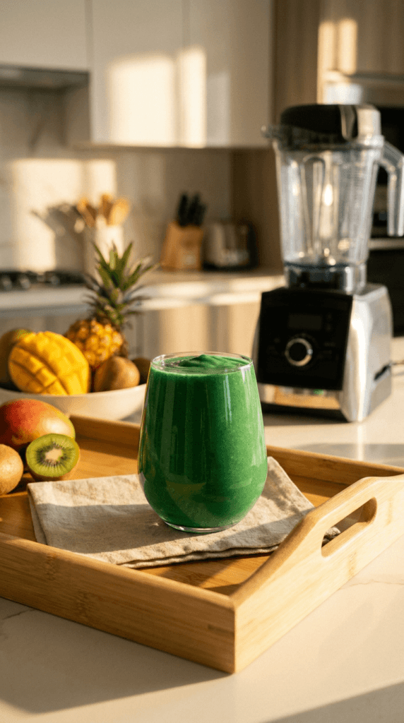 Energizing Green Smoothie: Vibrant, creamy smoothie in clear glass on rustic tray; boosts healthy Flexitarian starts. Save this idea so you can come back to it later.