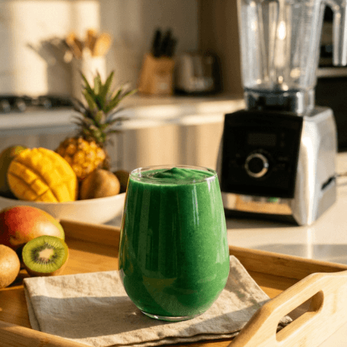 Flexitarian Green Smoothie Bliss: Vibrant, creamy glass smoothie with fresh fruit, sunlit blender—great for healthy meal swaps. Save this idea so you can come back to it later.