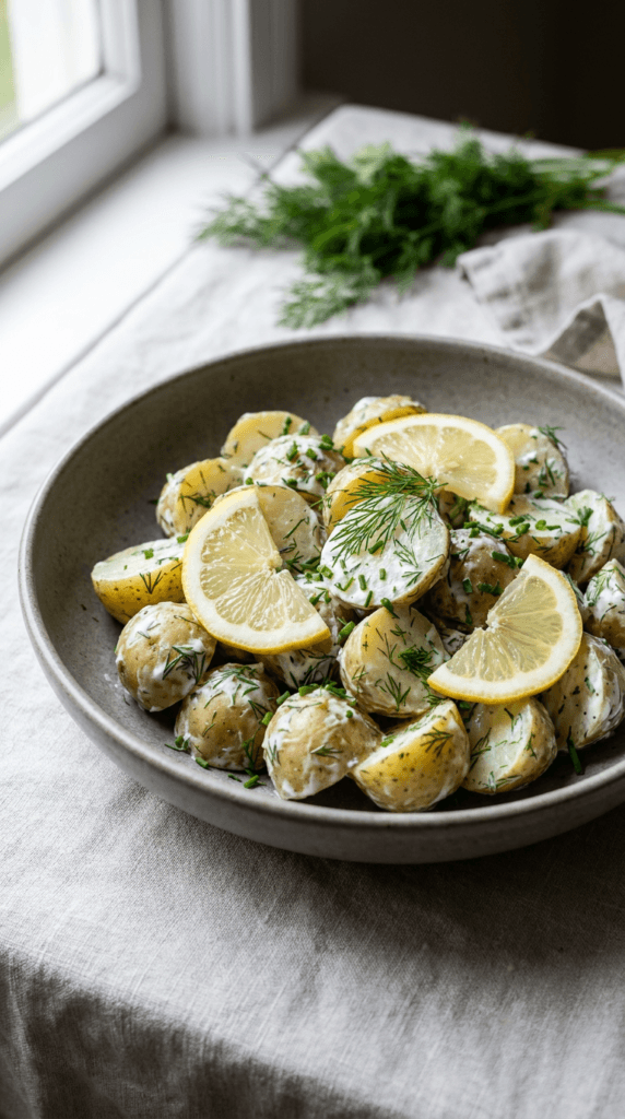 A high-end editorial food photograph of Herby Dill Potato Salad. Halved skin-on baby new potatoes are coated in a white, light yogurt dressing and completely flecked with a mountain of fresh green dill and chopped chives. Garnished with thin lemon slices. Served in a minimalist matte gray stoneware bowl