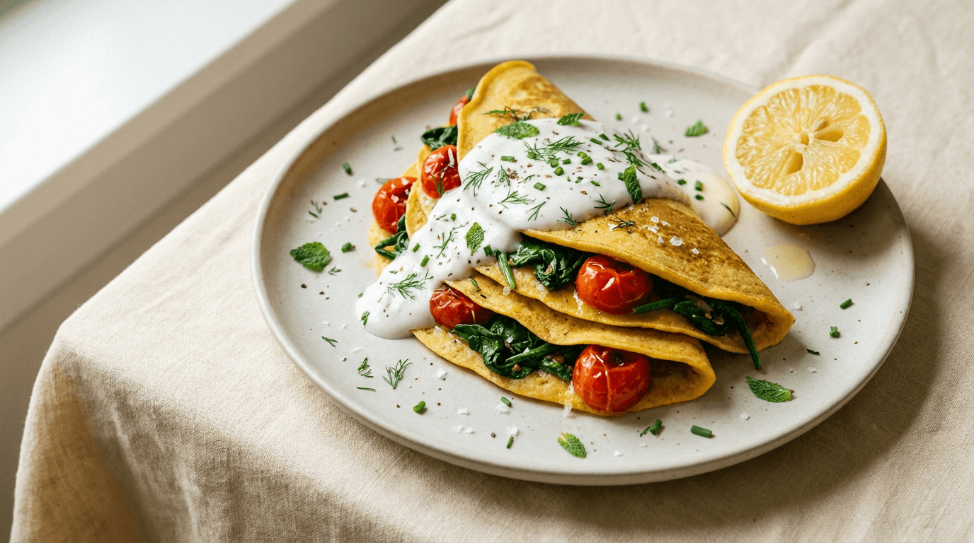 Savory Brunch Pancakes: Fluffy, savory chickpea flour pancakes with spinach, tomatoes & creamy sauce—high-protein & plant-fueled. Save this idea so you can come back to it later.