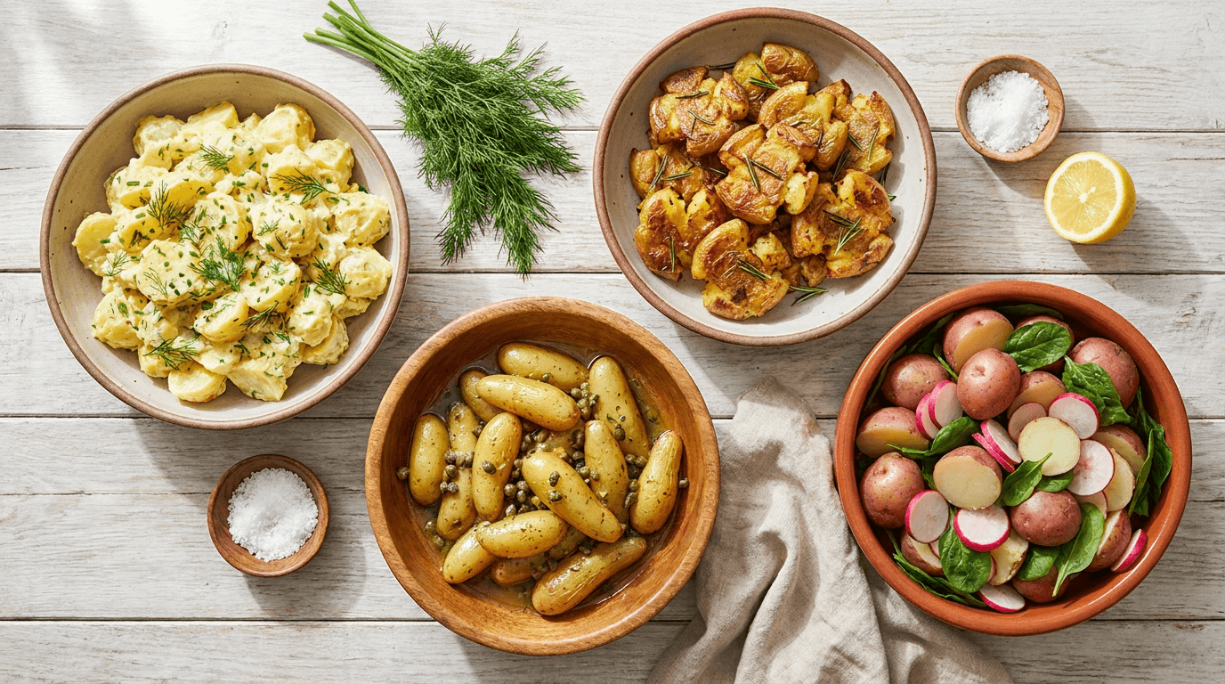 light-washed wood picnic table featuring an abundant spread of four distinct homemade potato salads in varied artisanal stoneware, terracotta, and wooden bowls. The salads showcase beautiful variety: one is a creamy yellow with fresh herbs (Classic), one features golden-brown roasted smashed potatoes with rosemary (Ultra-Crispy), one is glossy with waxy fingerling potatoes, capers, and a clear vinaigrette (French), and one is packed with skin-on red potatoes, bright pink radish slices, and vibrant green spinach (Vibrant Red).