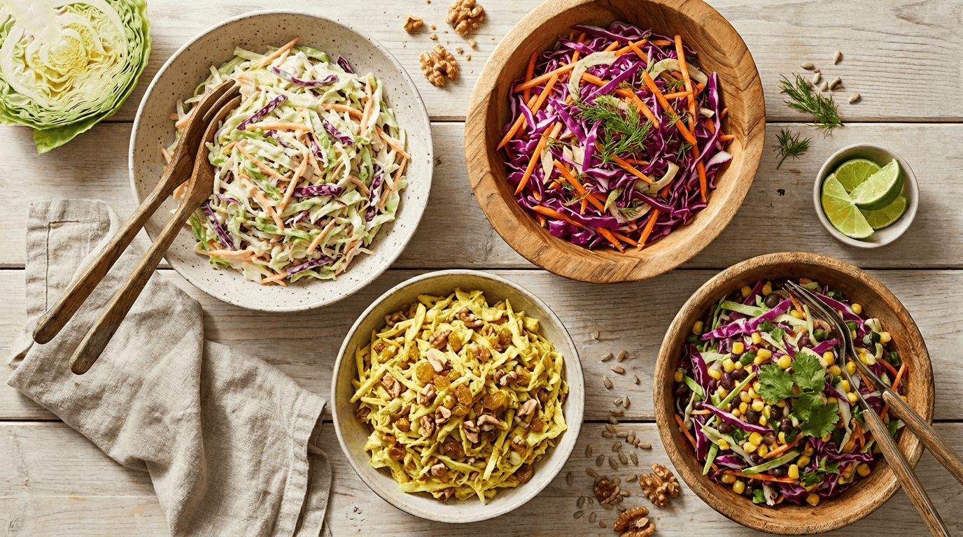 A high-resolution, overhead (flat lay) photograph of a rustic, light-wood picnic table covered in a collection of four distinct coleslaws in varied artisanal ceramic and wooden bowls. The slaws are vibrant and highly textured: one is creamy green/red (Classic), one bright purple/orange (Zesty Fennel), one yellow/nutty (Curried), and one red/green with corn (Mexican). The table is subtly styled with whole ingredients like a half-head of green cabbage, a linen napkin, a bowl of lime wedges
