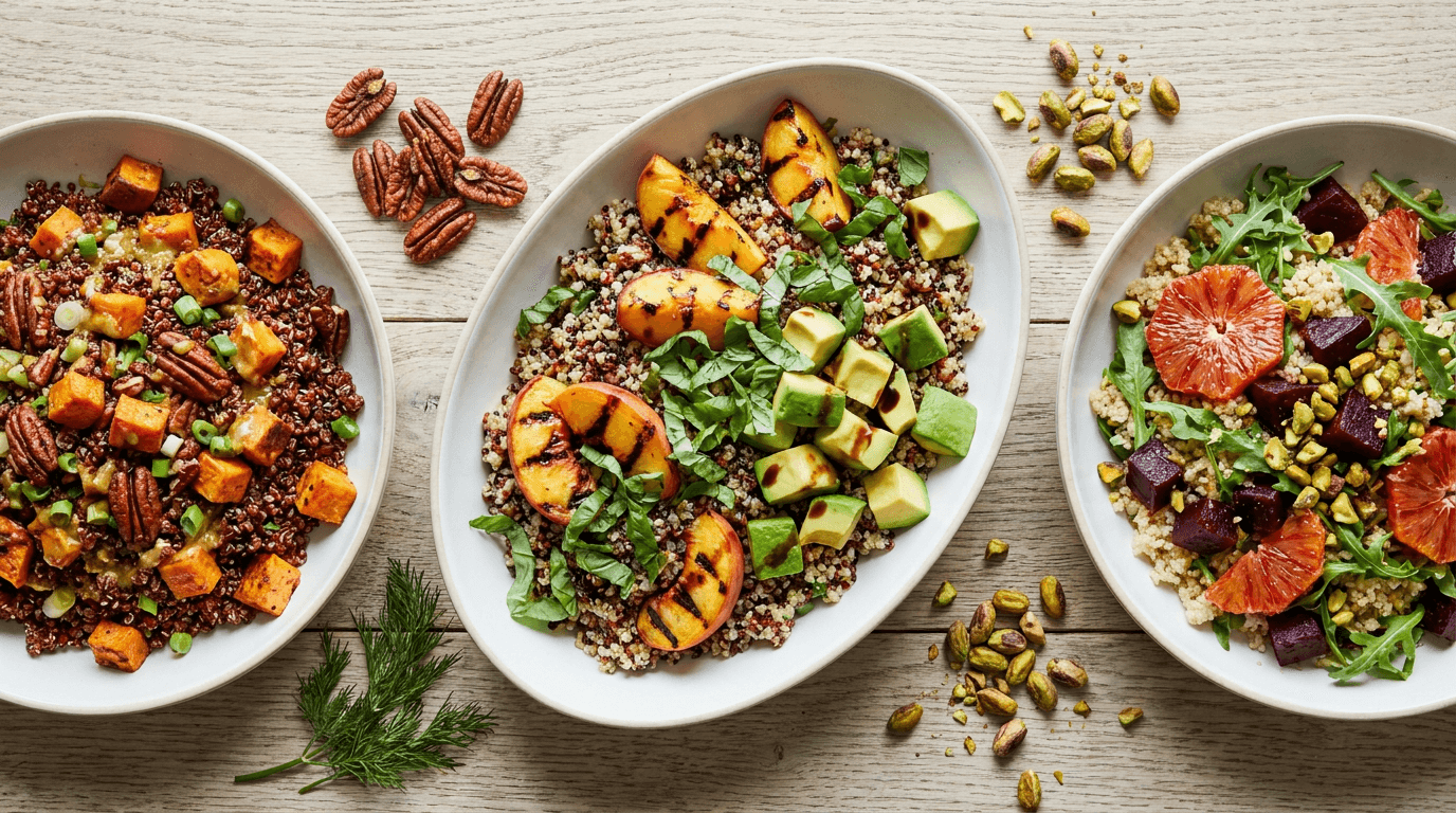 three unique quinoa salads presented in elegant ceramic bowls on a distressed, light oak wooden table.