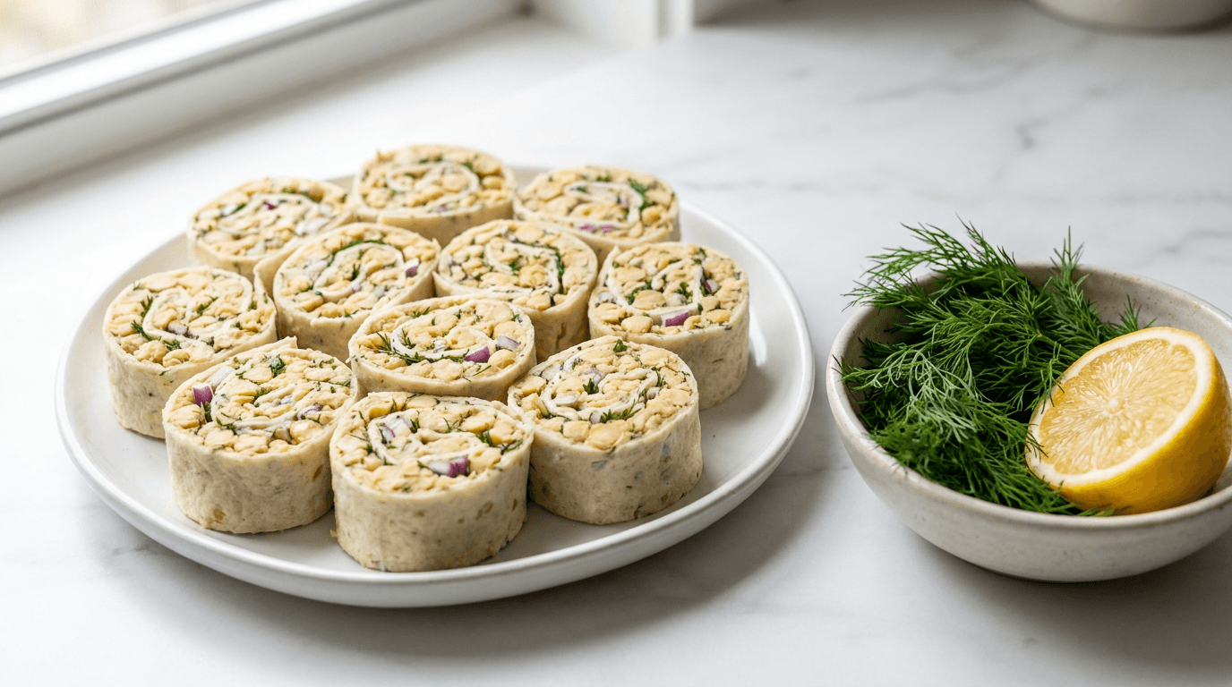 Chickpea Salad Pinwheels: Fresh, vibrant, and protein-packed on marble with dill & lemon—great for easy plant-based lunches. Save this idea so you can come back to it later.