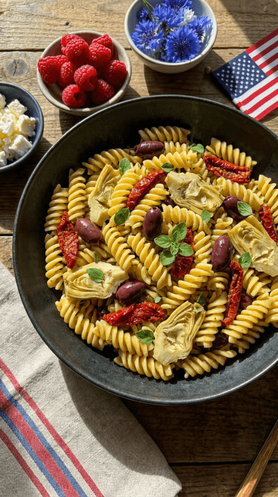 Patriotic Pasta Salad Perfection: Zesty rotini with artichokes & sun-dried tomatoes, bright in sunlight—summer ready. Save this idea so you can come back to it later.