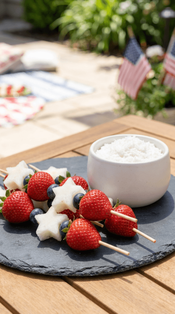 Patriotic Fruit Skewers: Vibrant, refreshing skewers with juicy melon stars, fresh dip, and flags—ideal for festive summer picnics. Save this idea so you can come back to it later.