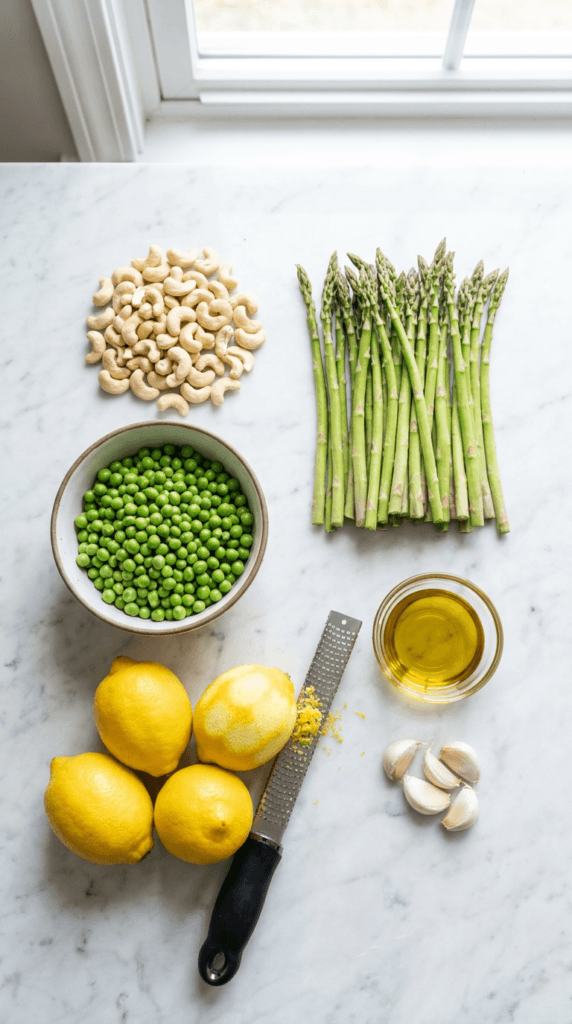 An aesthetic "knolling" flat lay of recipe ingredients on a light marble surface. A pile of raw cashews, a bunch of fresh thin asparagus, a bowl of bright green peas, and whole lemons with a zester. A small glass bowl of golden olive oil and scattered garlic cloves.