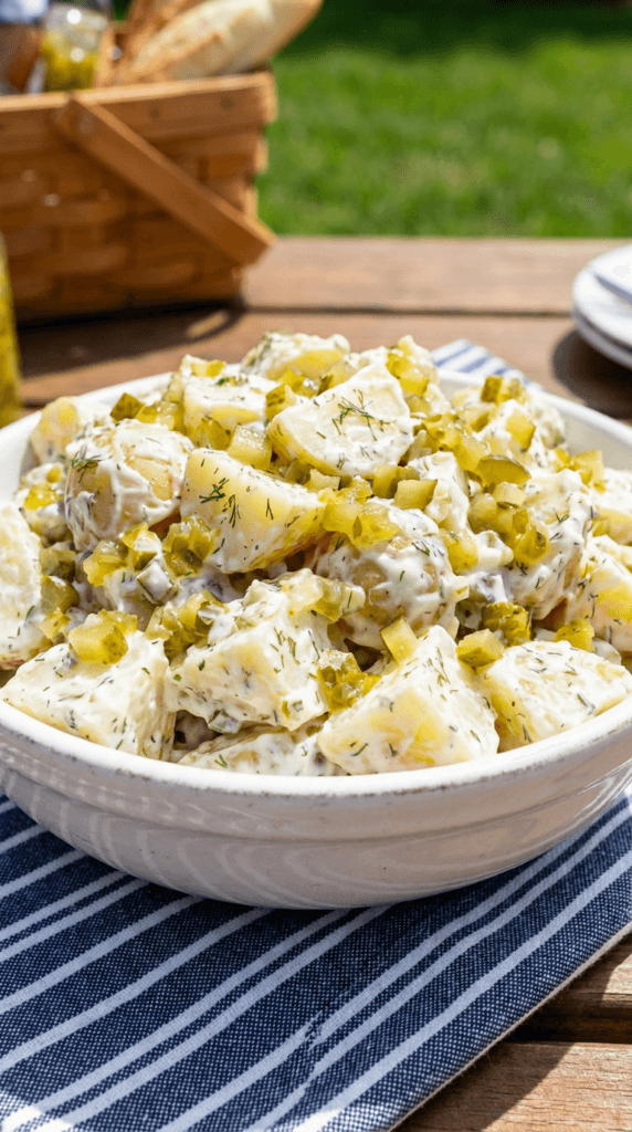 An energetic close-up photograph of Zesty Pickle Potato Salad. Creamy Yukon Golds are coated in a white mayo dressing mixed with a high volume of finely diced green dill pickles, pickle relish, and fresh dill