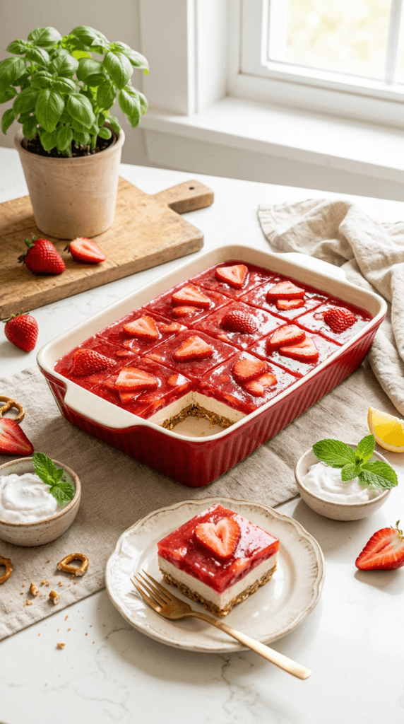 Vegan Strawberry Pretzel Salad: Lush, crunchy dessert in a red dish, topped with fresh berries—ideal for summer parties. Save this idea so you can come back to it later.