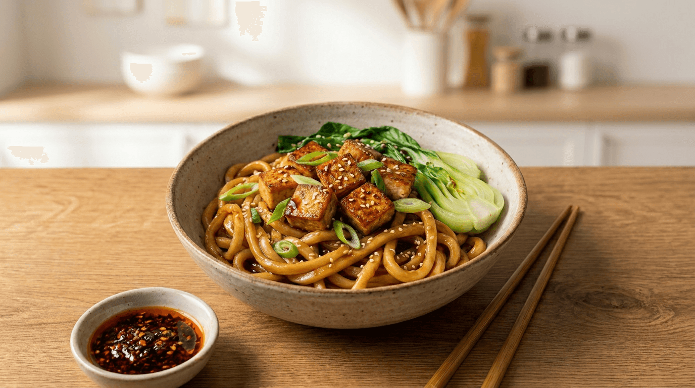 A bright, editorial food photograph of a steamy bowl of quick udon noodles with crispy pan-seared tofu, glossy garlic soy sauce, sautéed kale ribbons, thin carrot matchsticks, and sliced green onions. Chewy udon shine, tofu golden and crisp-edged. Styled on a light warm stone surface with natural window light, gentle shadows, soft neutral linens, and subtle chopsticks nearby. Color palette: deep leafy greens, warm orange carrot, caramel-gold tofu, and glossy soy-brown highlights.