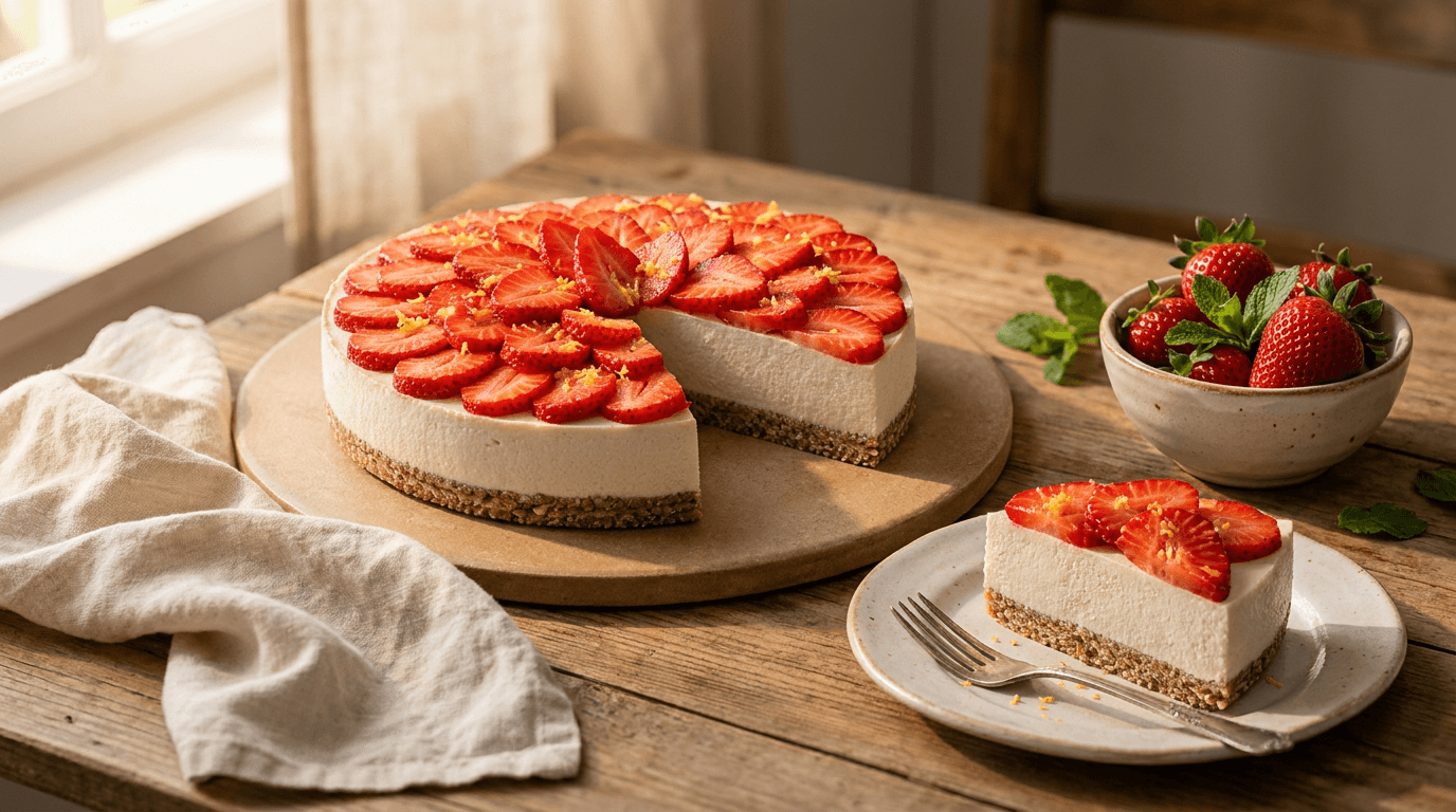 Vegan Strawberry Lemon Cheesecake: Lush, tangy-sweet layers, fresh berries and sunlit charm—perfect for summer treats. Save this idea so you can come back to it later.