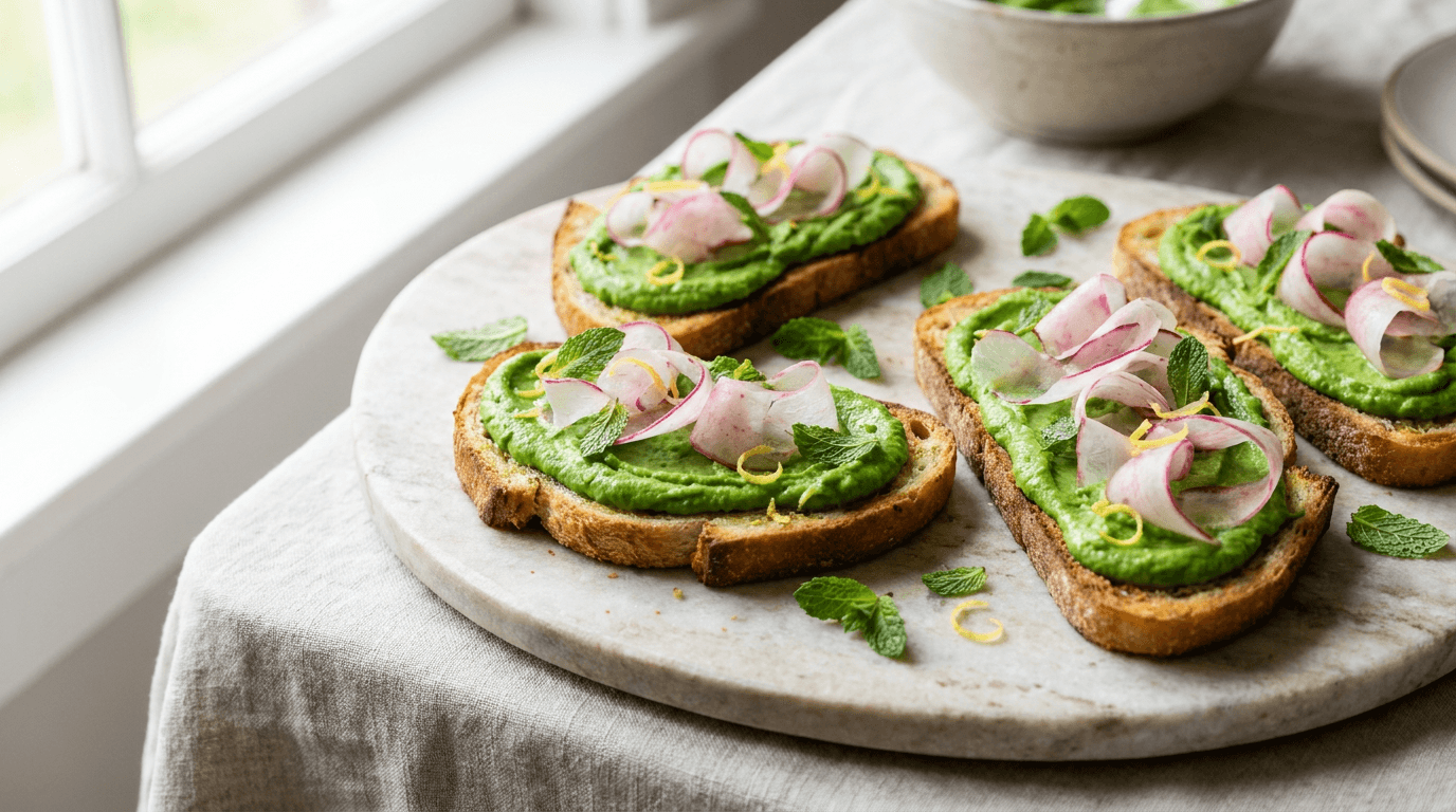 whipped pea and mint crostini arranged on a pale stone platter. Garlic-rubbed sourdough slices topped with smooth emerald pea and mint mash, shaved radish ribbons, and delicate lemon zest curls. Fresh mint sprigs scattered lightly.