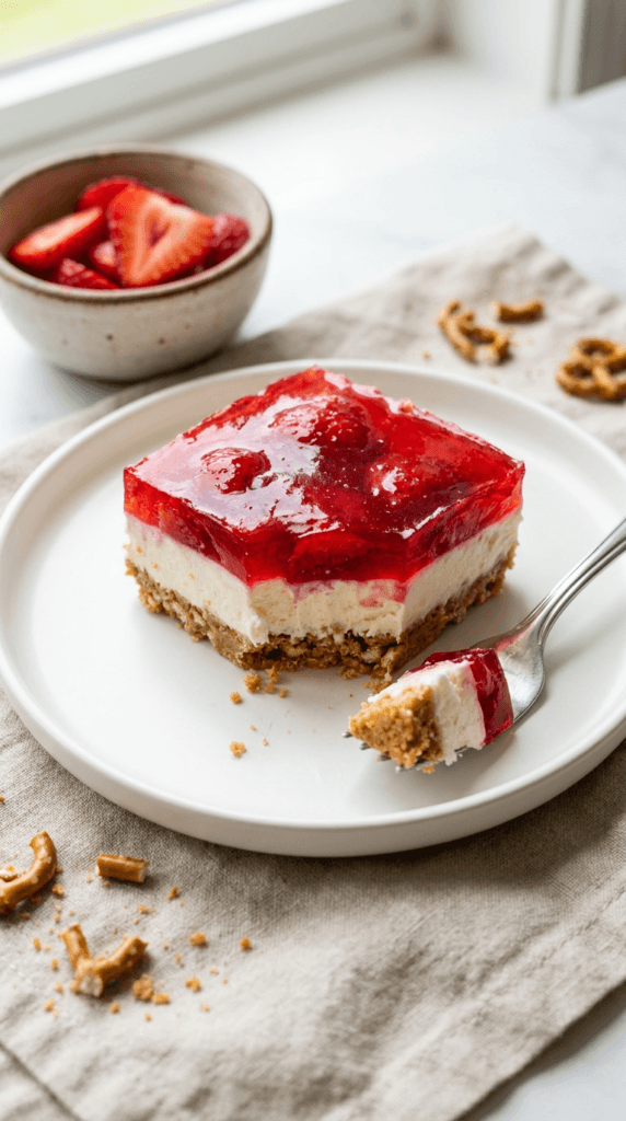 Vegan strawberry pretzel salad: Sweet, creamy, and crunchy slice with glossy berries—ideal for spring gatherings. Save this idea so you can come back to it later.