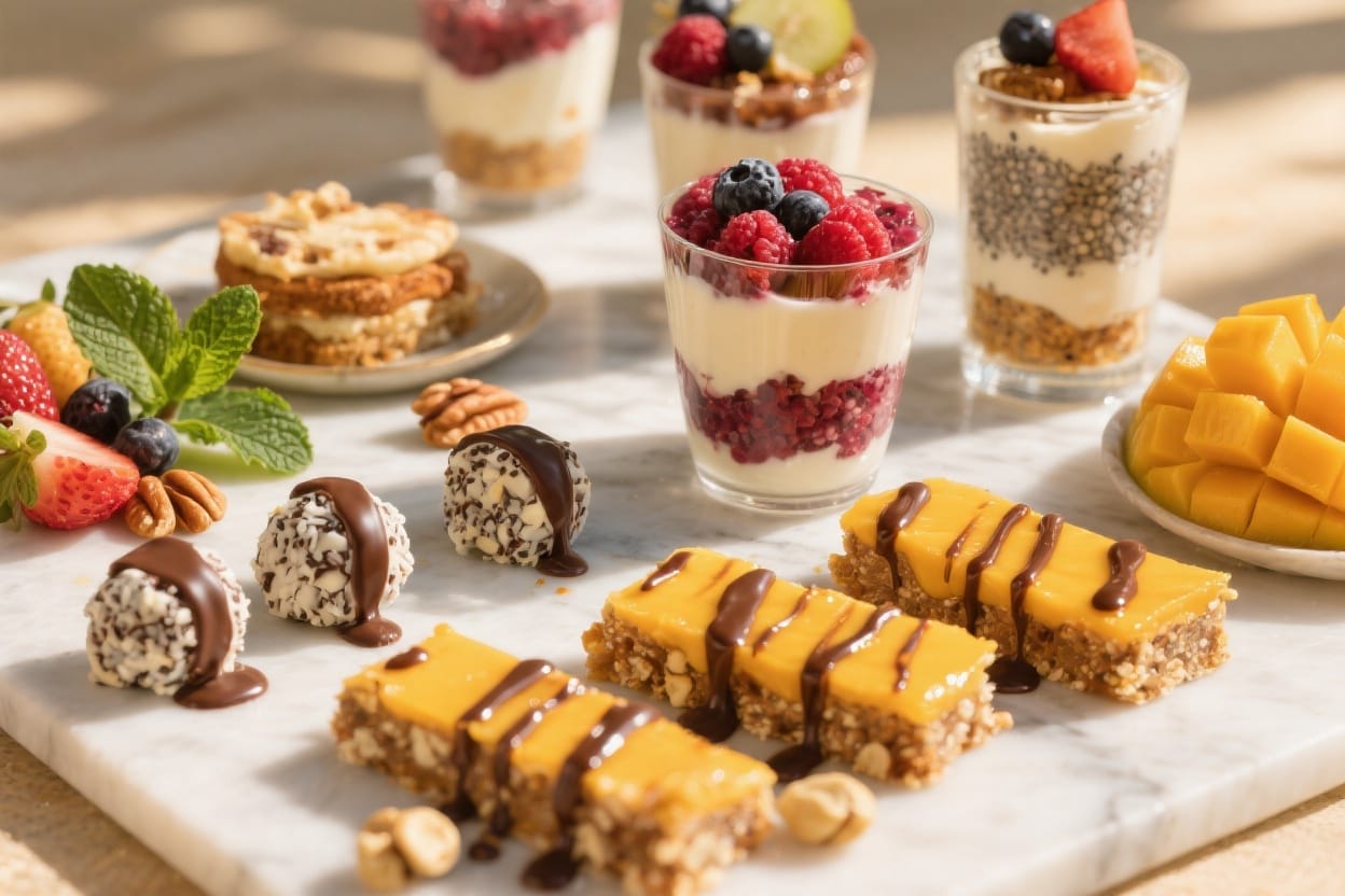 Tropical Dessert Board: Vibrant, fresh treats with juicy mango, creamy parfaits, and coconut truffles. Ideal for healthy snacking. Save this idea so you can come back to it later.
