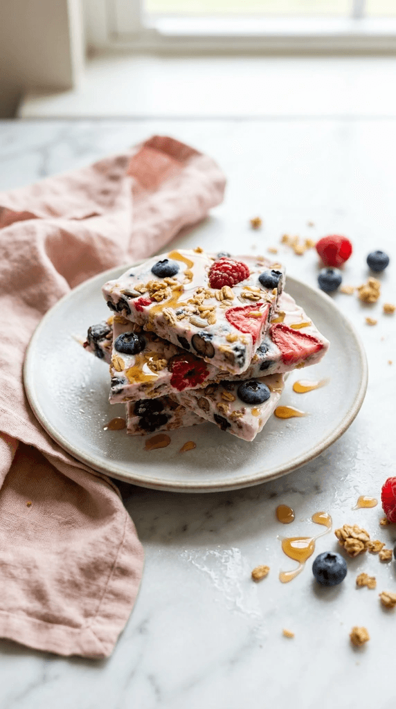 Berry Yogurt Bark Delight: Creamy, chilled squares with fresh berries, granola crunch—perfect for refreshing snacks. Save this idea so you can come back to it later.
