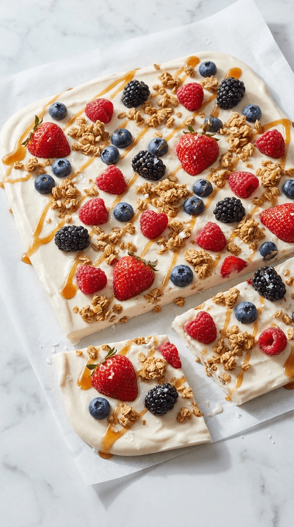 Frozen Yogurt Berry Bark Delight: Creamy, chilled bark with vibrant berries, crunchy granola, and sweet caramel—refreshing summer treat. Save this idea so you can come back to it later.