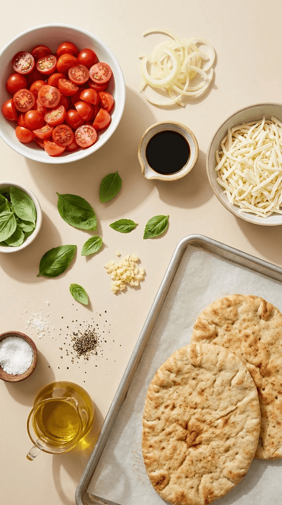 Balsamic Cherry Tomato Flatbread: Colorful, fresh, and aromatic ingredients prepped for easy gourmet pizza night. Save this idea so you can come back to it later.