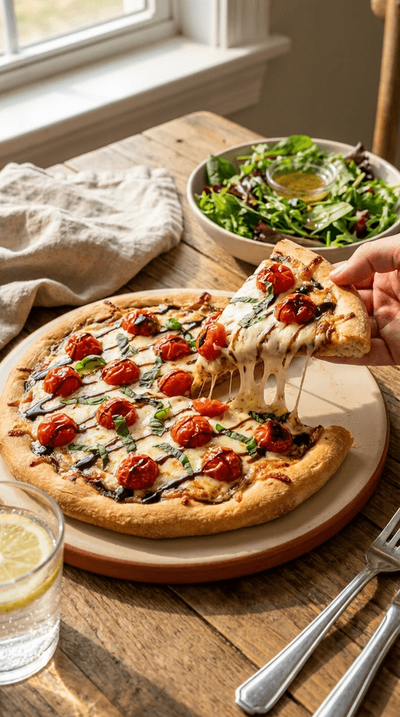 Balsamic Burst Flatbread: Gooey, melty, fragrant slice with fresh basil—sunlit, rustic vibes for easy entertaining. Save this idea so you can come back to it later.