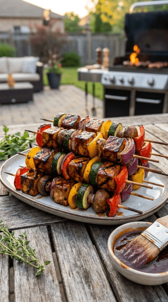 Grilled BBQ tofu skewers with zucchini, bell peppers, red onion, and mushrooms, lightly charred and glazed.