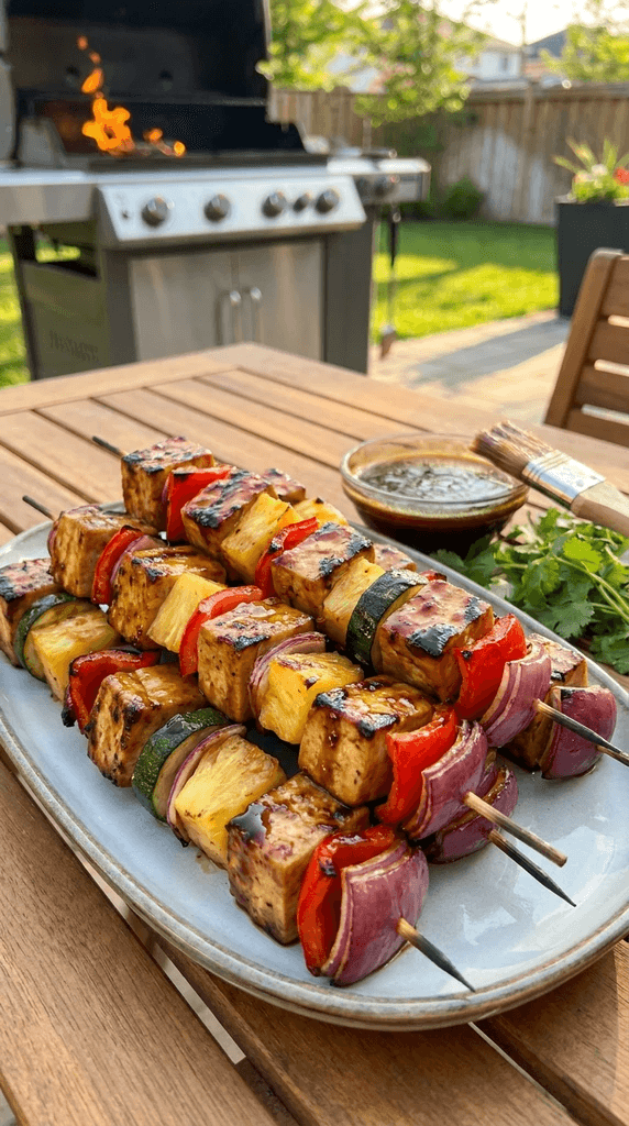 Teriyaki tofu skewers with pineapple chunks, bell pepper, zucchini, and red onion, caramelized on the grill.