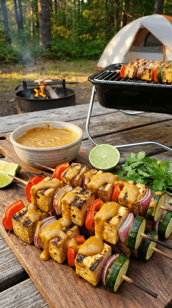 Tofu satay skewers with grilled vegetables, served with creamy peanut dipping sauce.