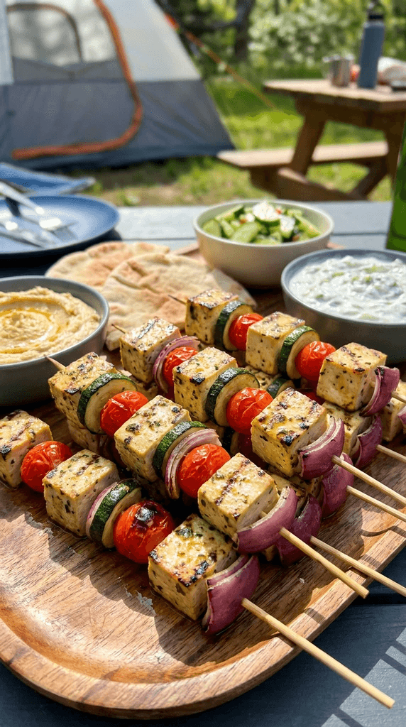Greek lemon herb tofu skewers with cherry tomatoes, zucchini, and red onion, grilled until lightly charred.