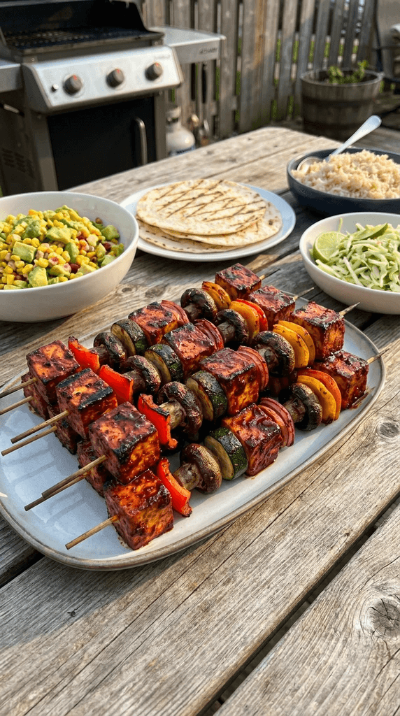 Spicy gochujang tofu and veggie skewers with bell peppers, zucchini, mushrooms, and red onion, smoky and charred.