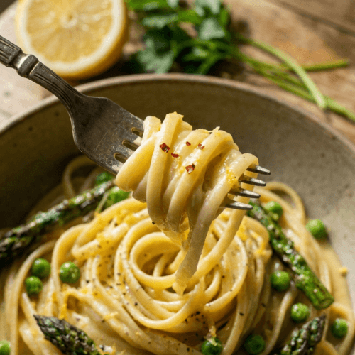 A cinematic, high-angle close-up of a matte ceramic bowl filled with linguine coated in a glossy, pale yellow cashew cream sauce. Vibrant green asparagus spears with charred tips and bright green sweet peas are nestled in the folds of the pasta. Garnished with fine lemon zest, cracked black pepper, and micro-greens.