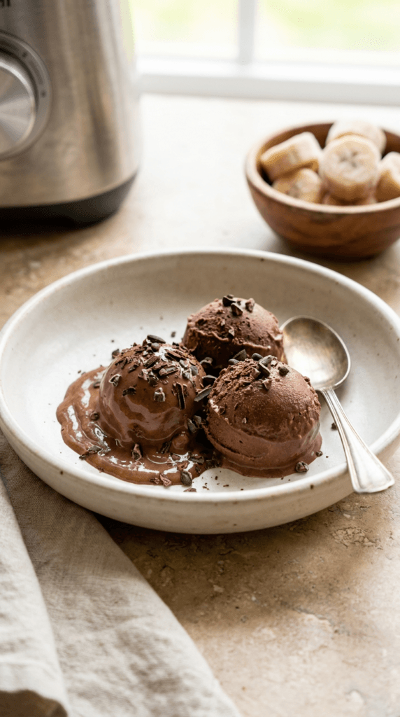 Vegan Chocolate Banana Bliss: Creamy, melt-in-your-mouth ice cream scoops on a chic white plate, ideal for guilt-free snacking. Save this idea so you can come back to it later.