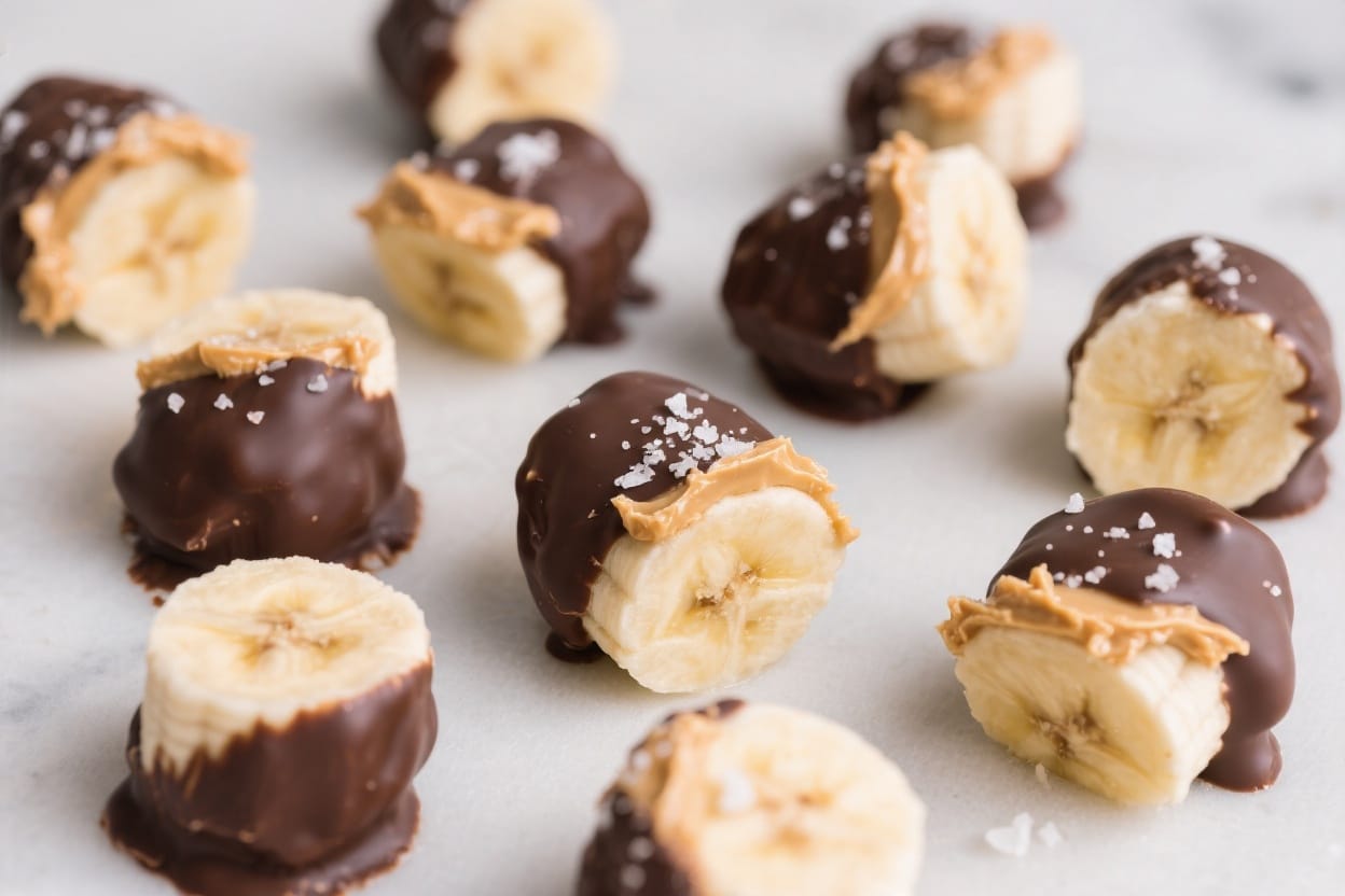 Healthy Banana Bites: Creamy, crave-worthy snacks—banana slices with peanut butter, dark chocolate, sea salt finish. Save this idea so you can come back to it later.