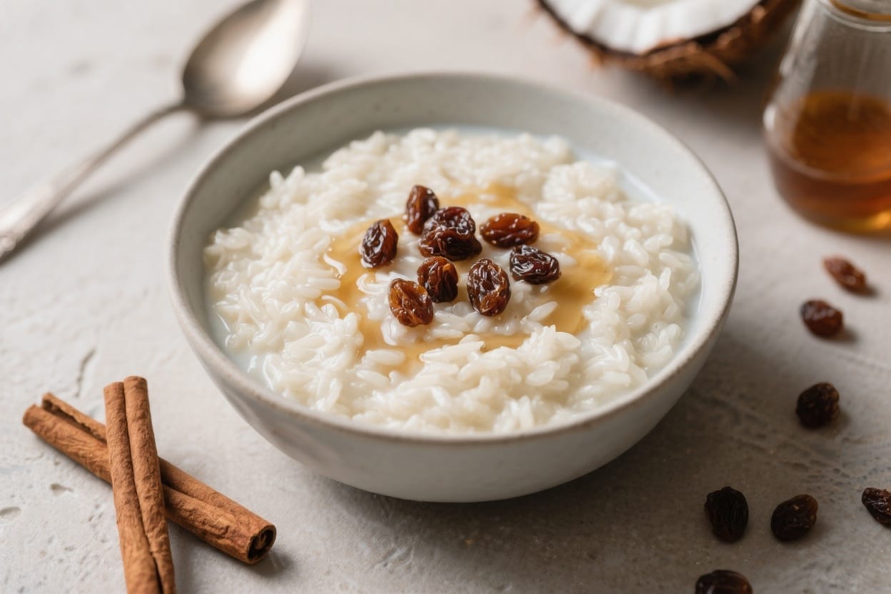Creamy Rice Pudding Delight: Lush rice pudding with plump raisins, honey drizzle, and warm spices—ideal comfort food. Save this idea so you can come back to it later.
