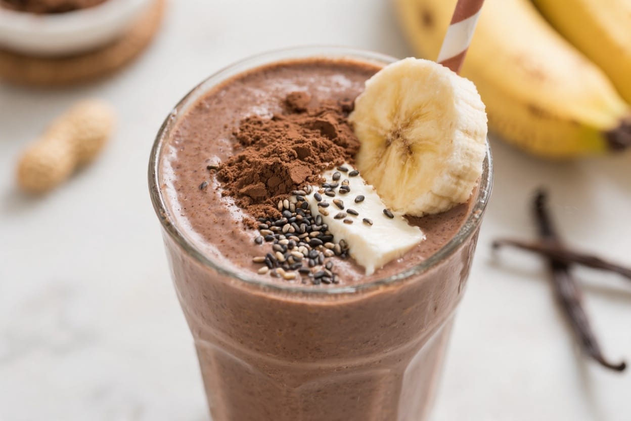 Chocolate Smoothie Bliss: Creamy, energizing glass with banana, yogurt, chia seeds & cocoa—great for healthy mornings. Save this idea so you can come back to it later.