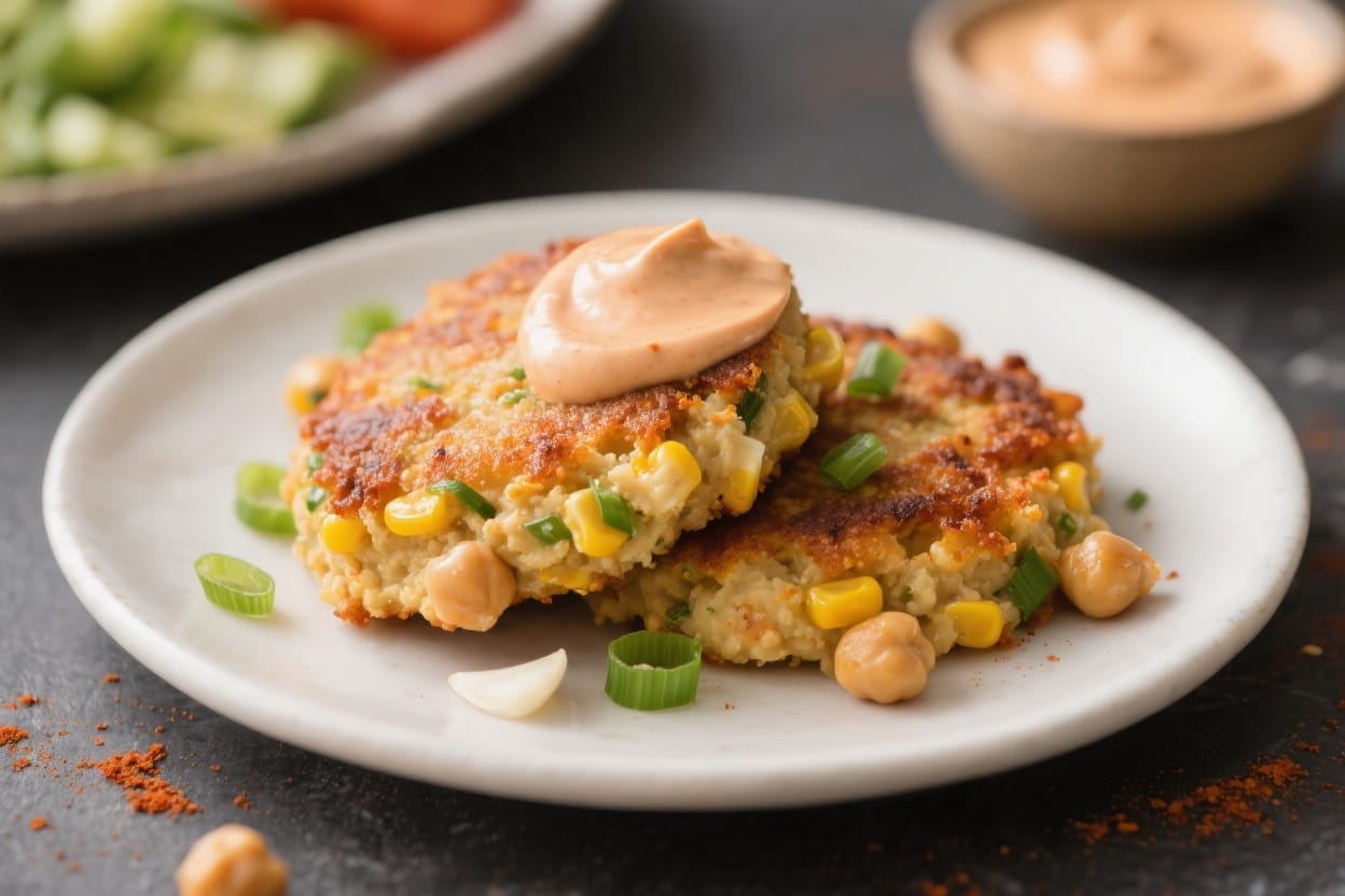 Chickpea Veggie Fritters: Crispy, golden fritters with creamy orange sauce—fresh, healthy, and easy. Save this idea so you can come back to it later.