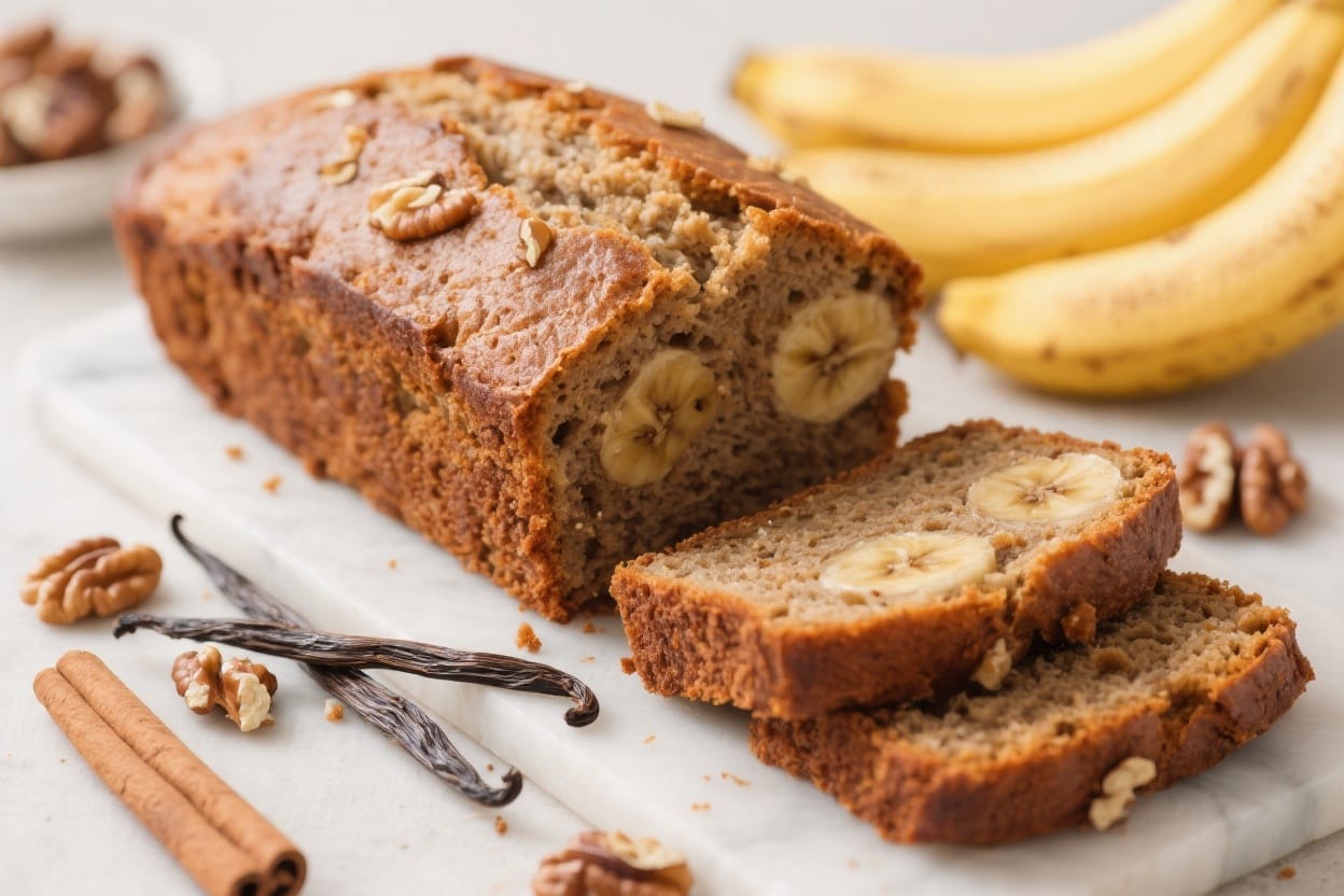 Banana Nut Bread Bliss: Moist, nutty loaf with juicy banana pieces, fresh walnuts, and spices—ideal for cozy mornings. Save this idea so you can come back to it later.