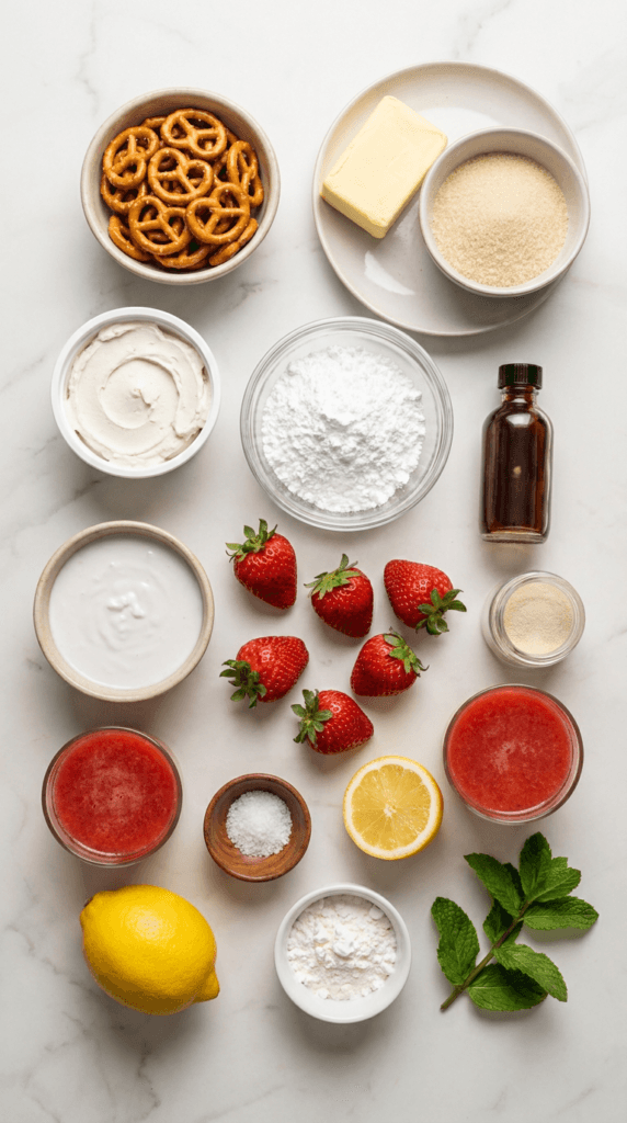 Vegan strawberry pretzel salad Prep: Fresh, creamy ingredients like soft cheese, tart lemon, and juicy berries. Easy dessert magic—save this idea so you can come back to it later.