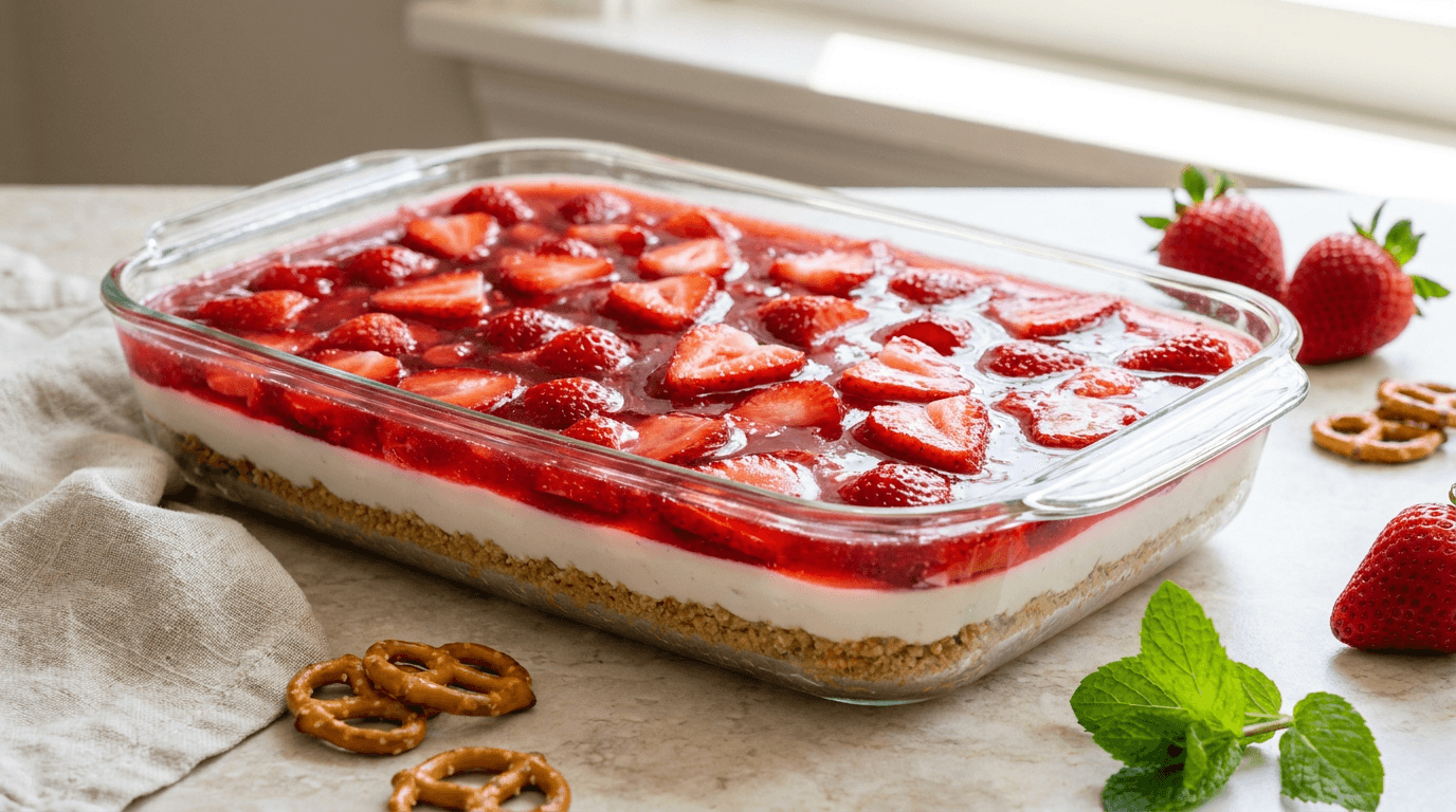 Vegan strawberry pretzel salad Delight: Sun-kissed, creamy, and crunchy layers in a glass dish—ideal for summer parties. Save this idea so you can come back to it later.