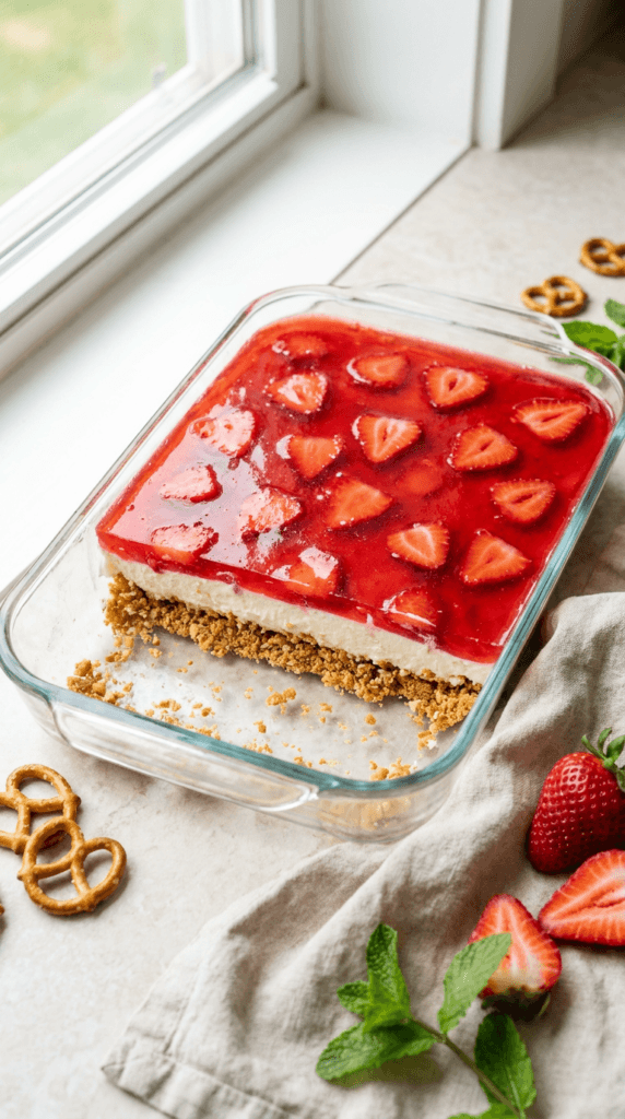 Vegan strawberry pretzel salad Bliss: Lush, creamy layered dessert pops with juicy berries & crisp pretzels—ideal for sunny gatherings. Save this idea so you can come back to it later.